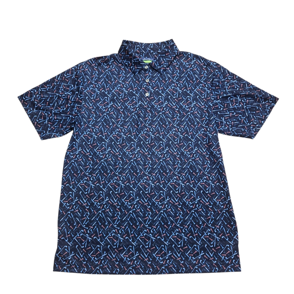 Ben Hogan Performance Golf Polo Men's Medium Navy Blue Clubs Print Short Sleeve